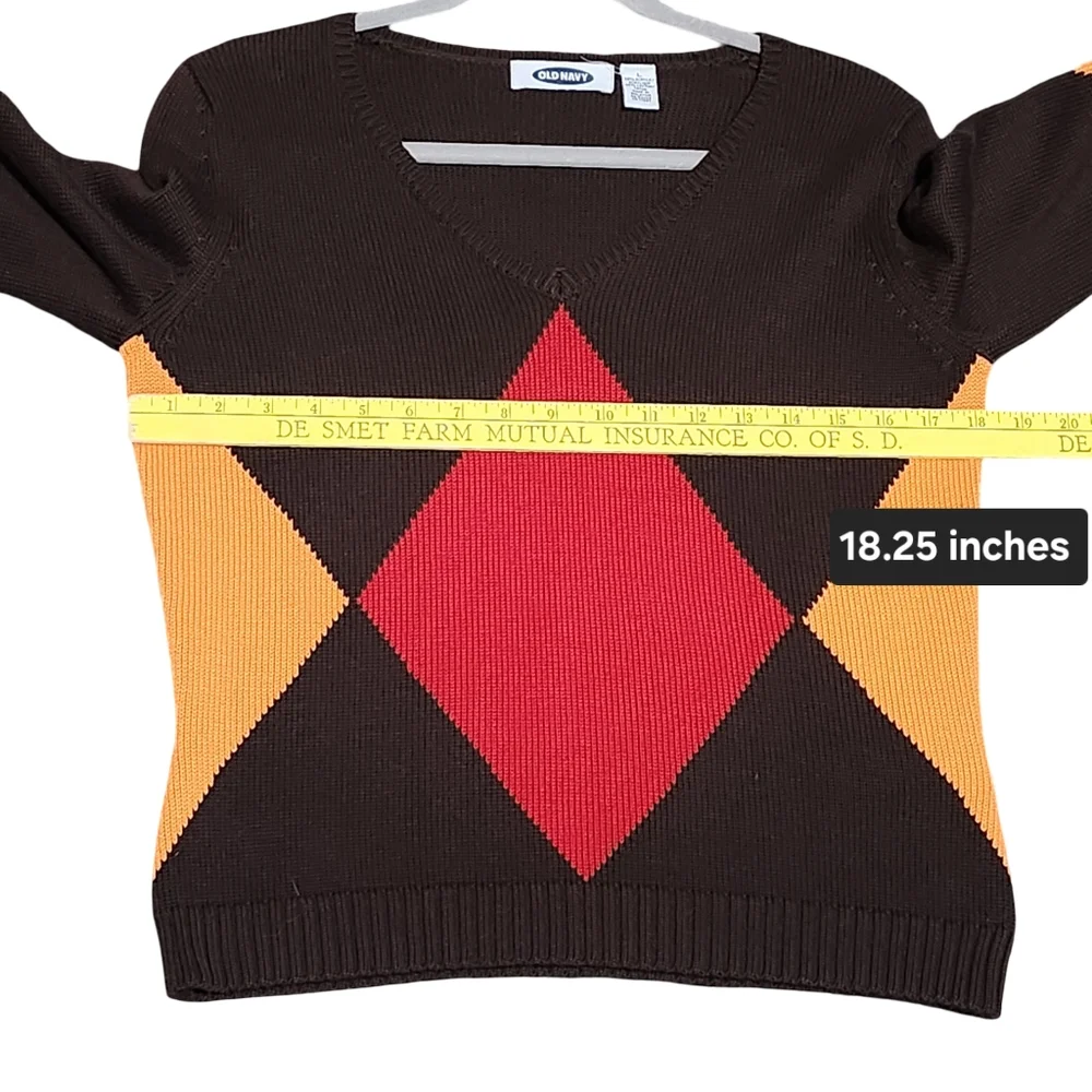 OLD NAVY Sweater Womens Large Brown Argyle Diamond Knit V Neck Y2K Preppy Retro - Picture 5 of 9